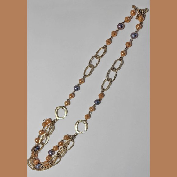 3 For 20 Gold Tone Peach Grey Faux Pearl Tiered Layered Chain Necklace - Picture 2 of 7